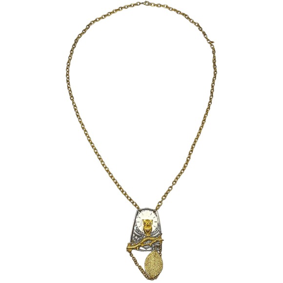 Unique Owl Tree Branch & Leaf Chain Necklace Two Tone Statement Hard to Find - Picture 2 of 10